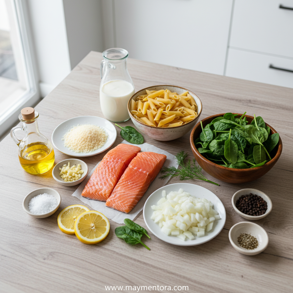 Ingredients for creamy salmon pasta including salmon, pasta, cream, and seasonings