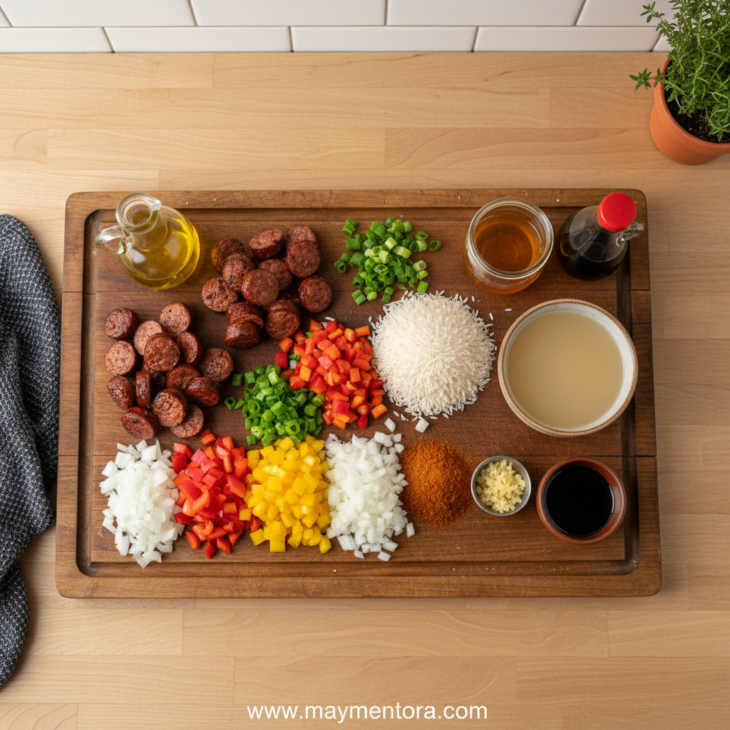 Ingredients for Cajun honey garlic sausage rice including sausage, rice, bell peppers, and spices