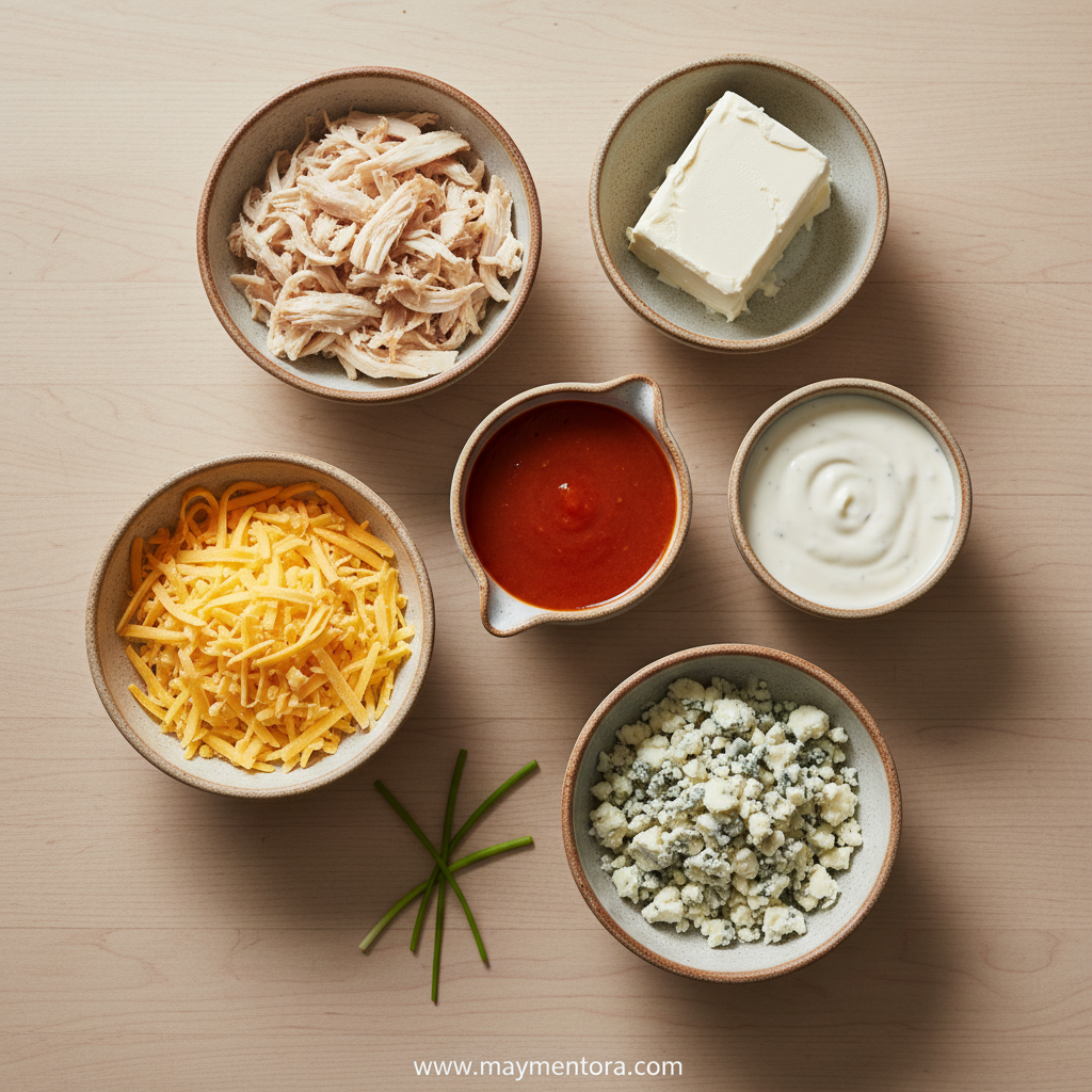 Ingredients for Buffalo chicken dip including cream cheese, chicken, Buffalo sauce, and cheese