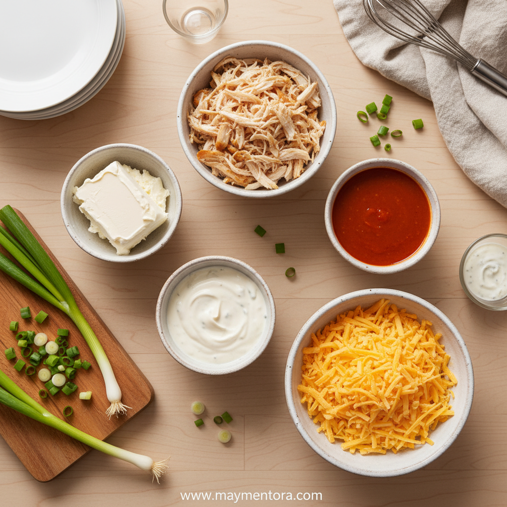 Ingredients for buffalo chicken dip including cream cheese, chicken, buffalo sauce, and cheese