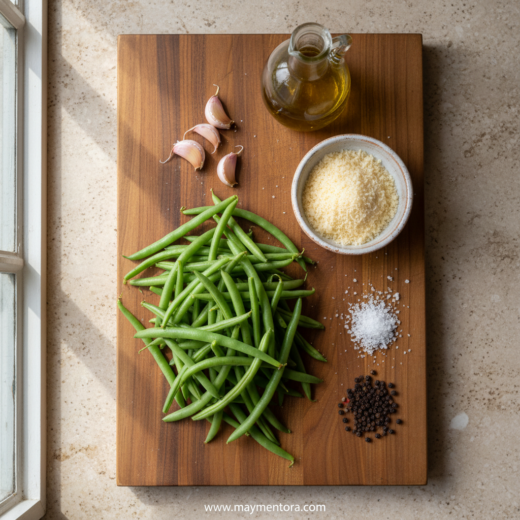 Ingredients for garlic parmesan green beans: fresh green beans, garlic, parmesan cheese, olive oil