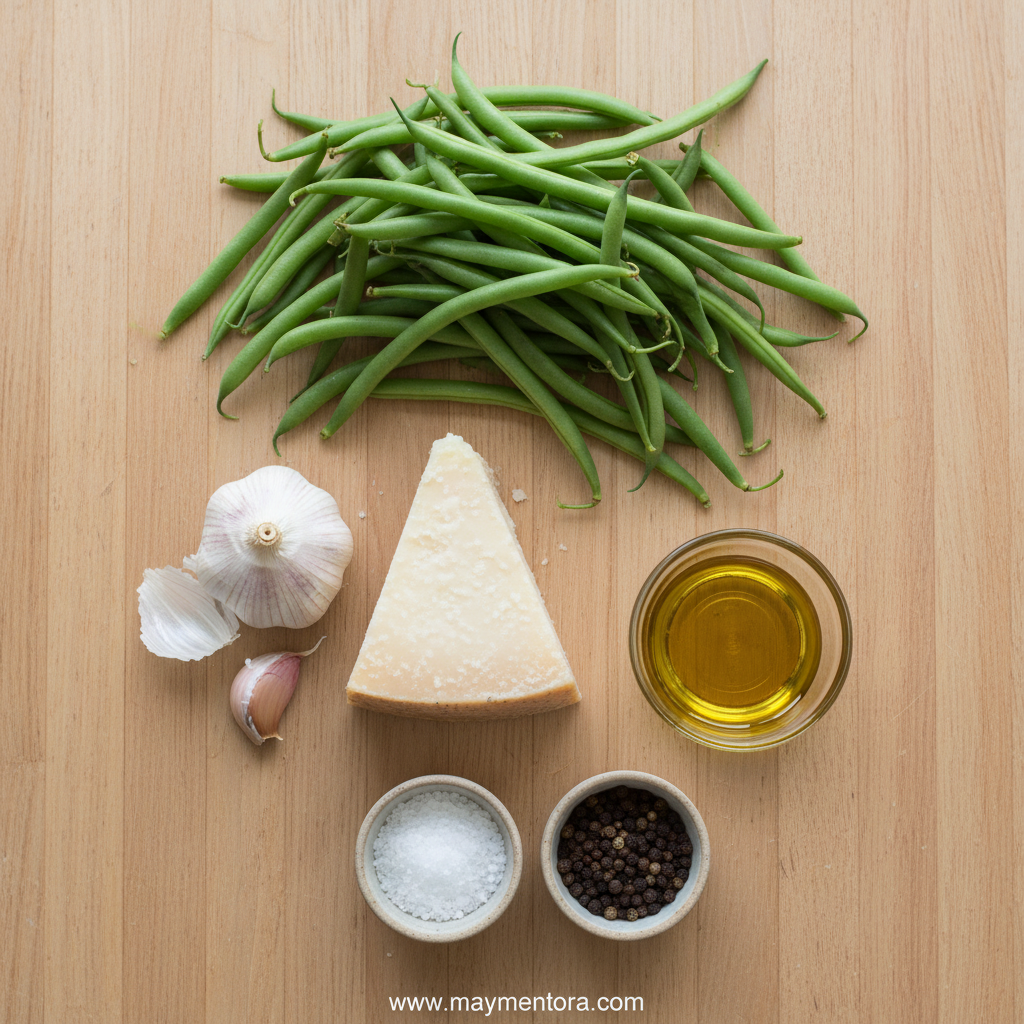 Ingredients for garlic parmesan green beans: fresh green beans, garlic, parmesan cheese, olive oil