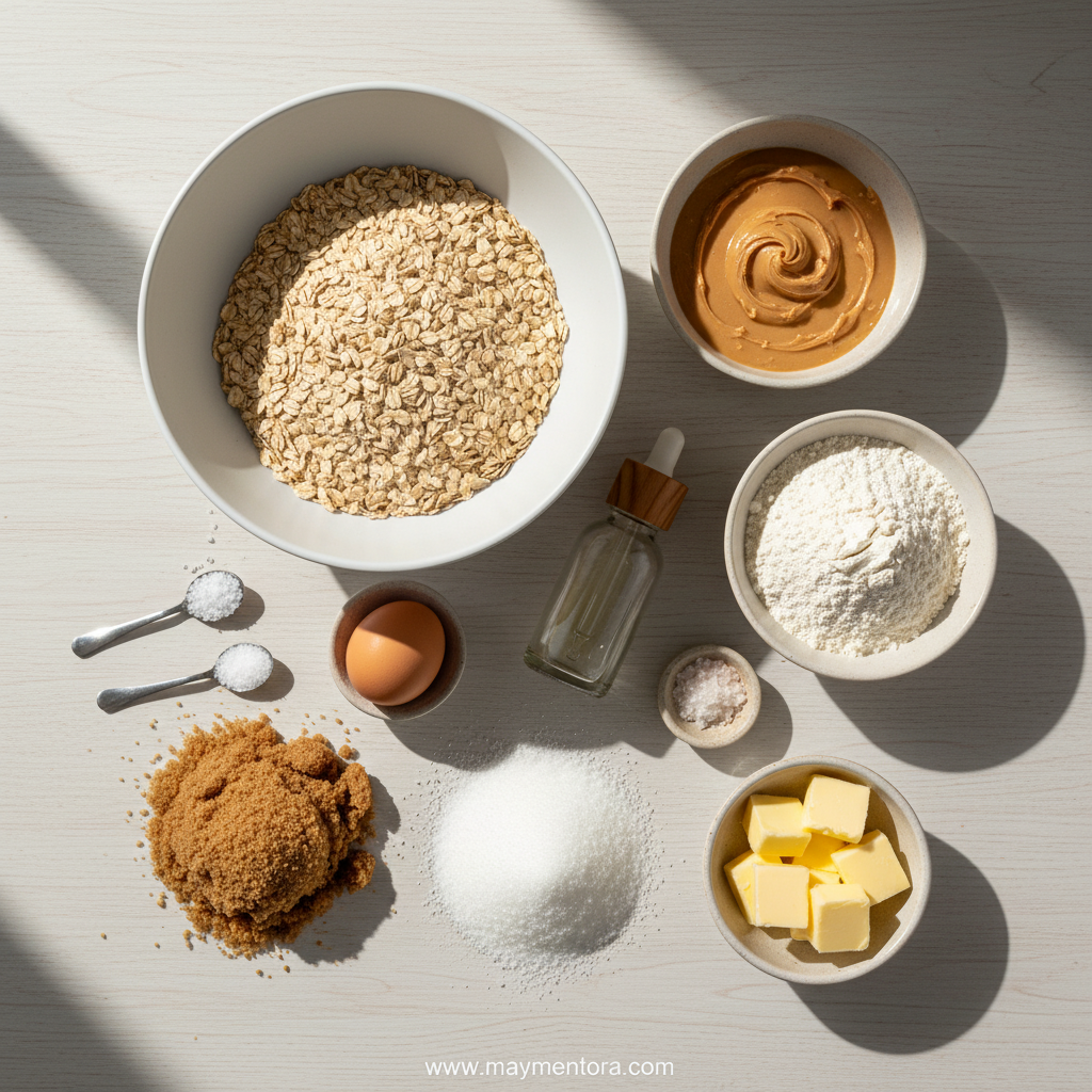 Ingredients for peanut butter oatmeal cookies laid out on counter
