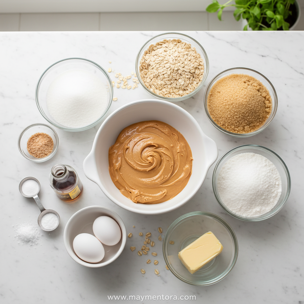 Ingredients for peanut butter oatmeal cookies laid out on counter