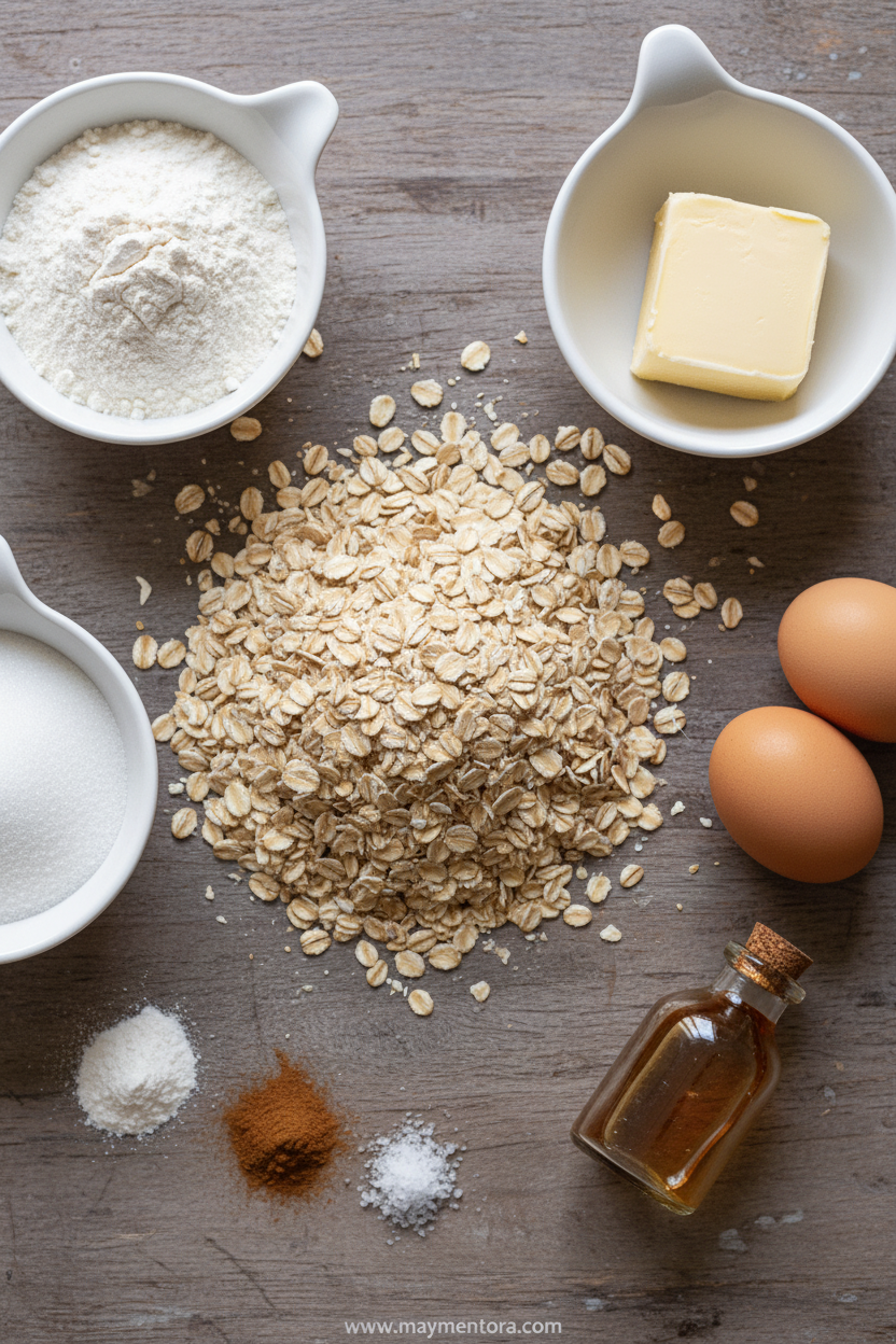 Ingredients for thick oatmeal cookies including oats, flour, butter, and spices