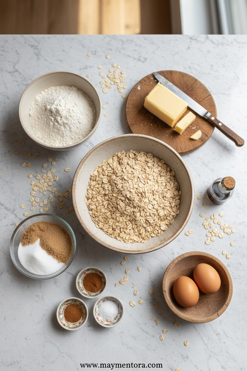 All ingredients laid out for making perfect oatmeal cookies including oats, flour, butter, and spices