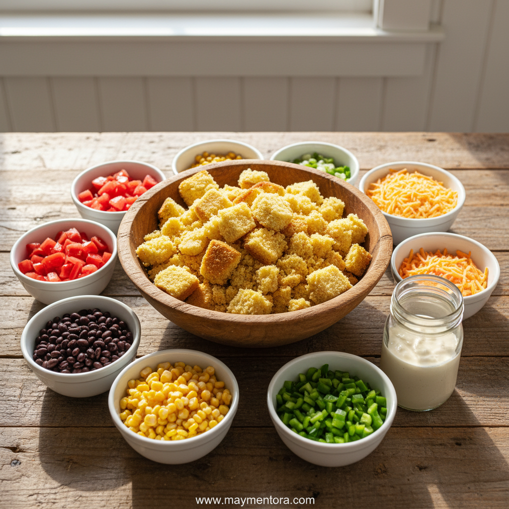 Ingredients for Mexican street corn salad including corn, lime, chili powder, and cotija cheese