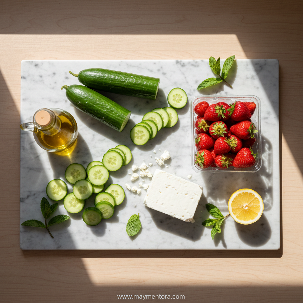 Ingredients for cucumber strawberry feta mint salad