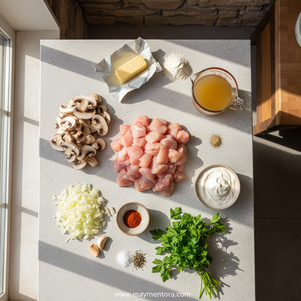 Ingredients for chicken stroganoff including chicken, mushrooms, onions, sour cream, and egg noodles