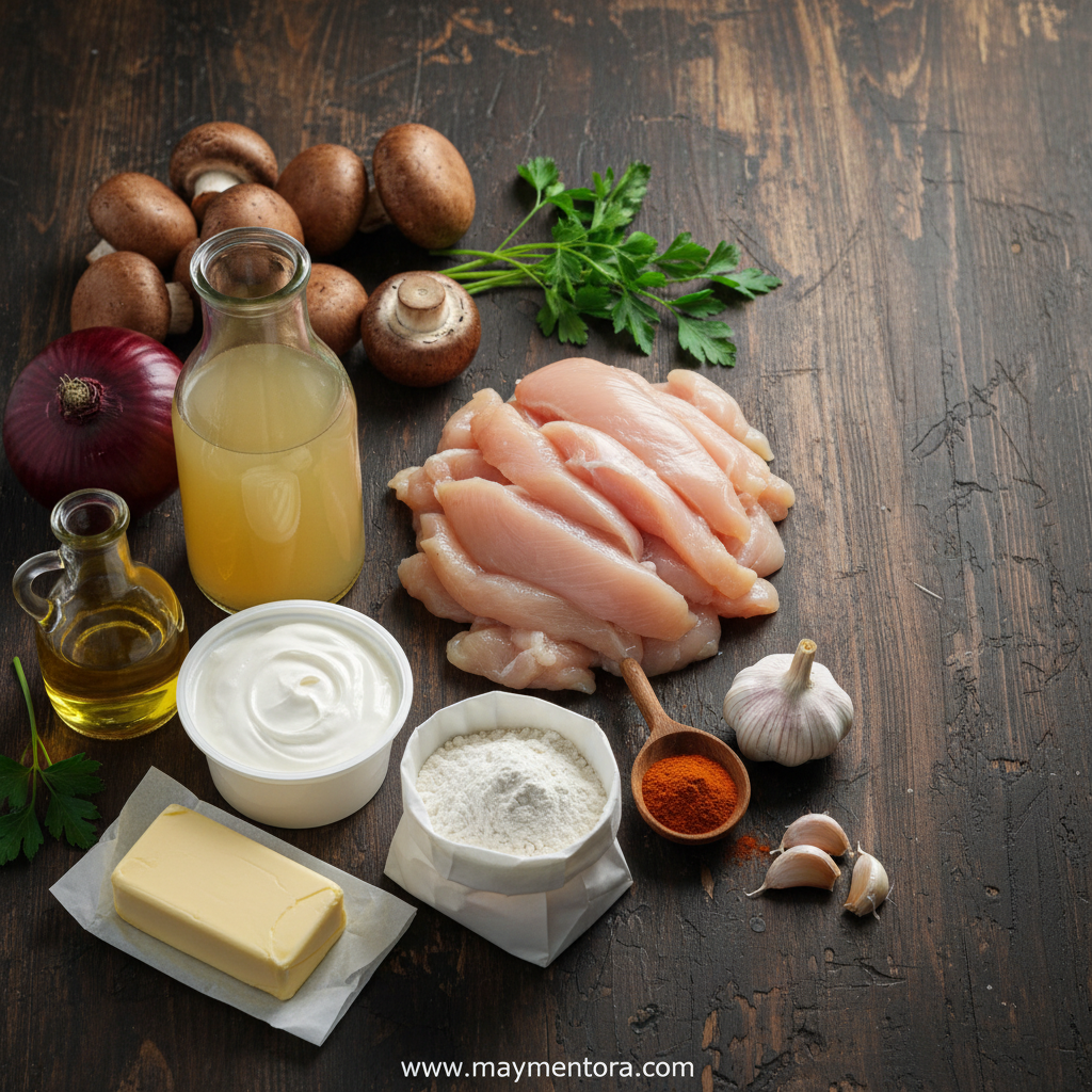 Chicken Stroganoff ingredients arranged on counter including chicken breasts, mushrooms, onions, and sour cream