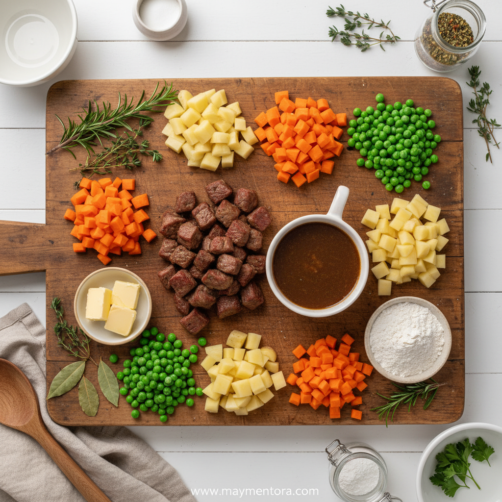 Ingredients for savory beef stew pot pie