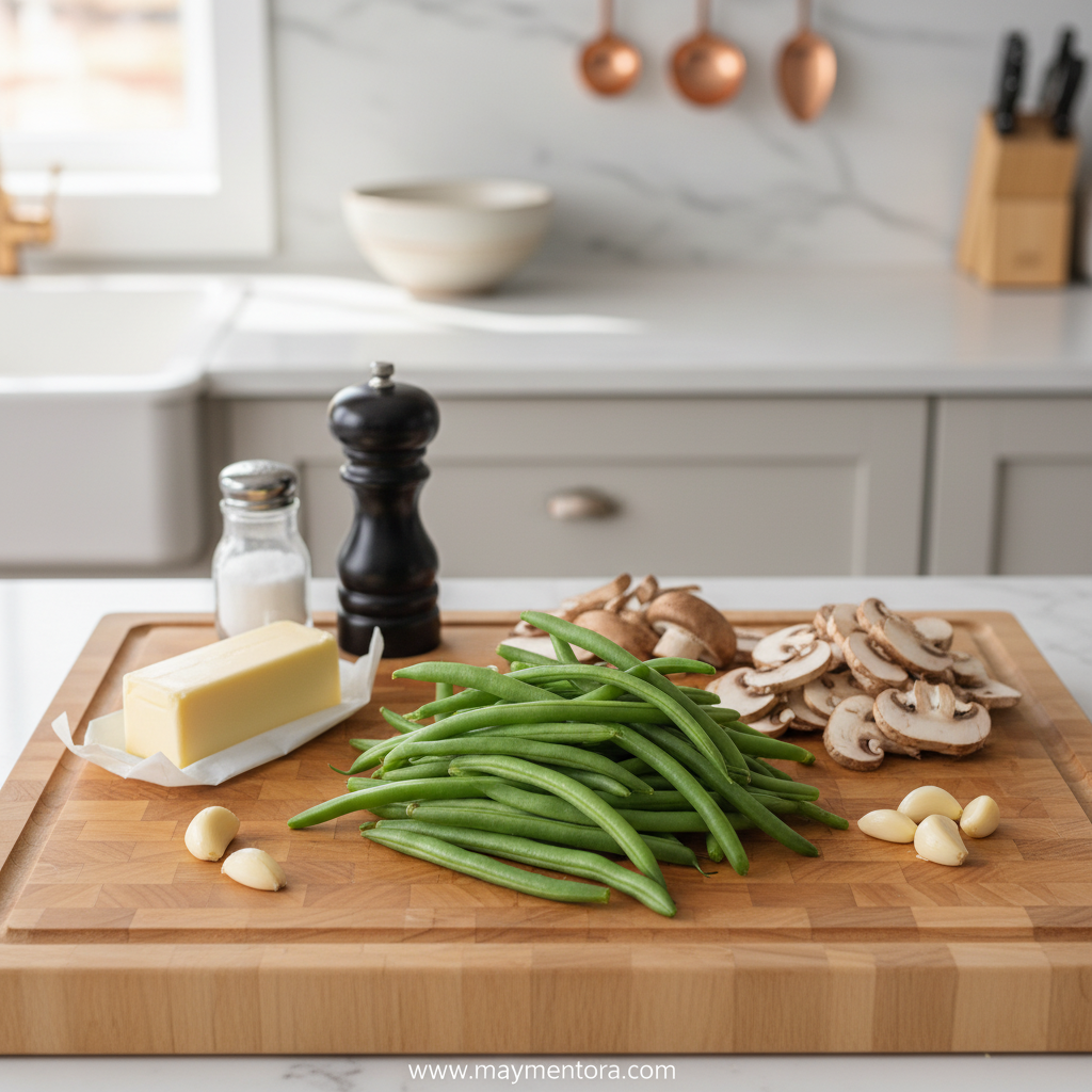 Ingredients for garlic butter green beans with mushrooms