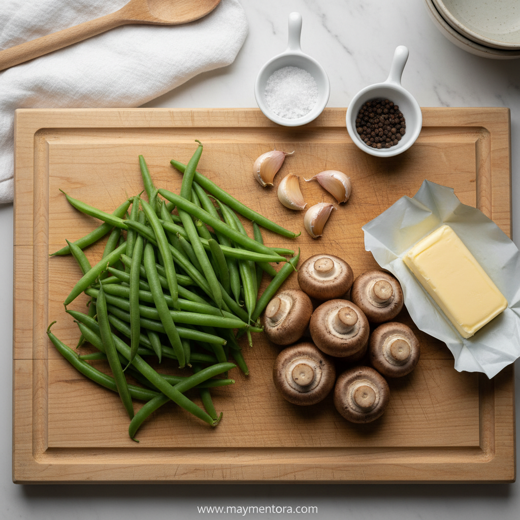 Ingredients for garlic butter green beans and mushrooms