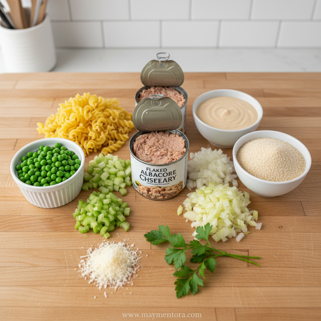 Fresh ingredients for healthy tuna noodle casserole