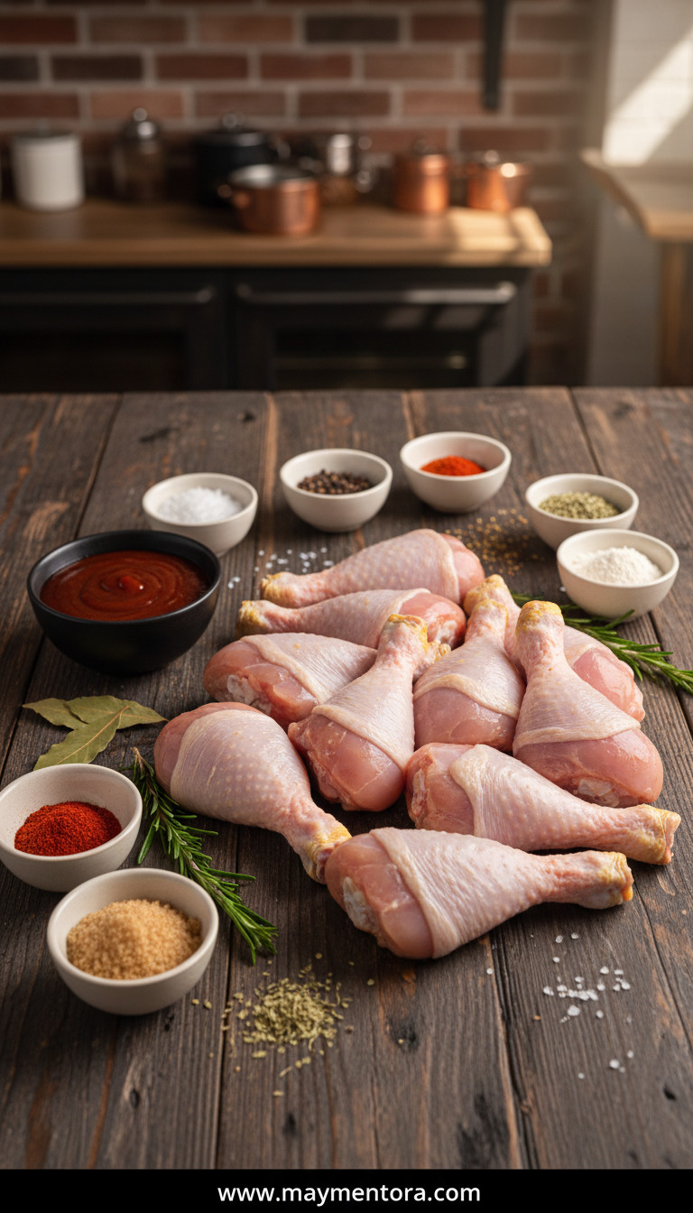 Ingredients for slow cooker BBQ chicken drumsticks including chicken, BBQ sauce, and spices