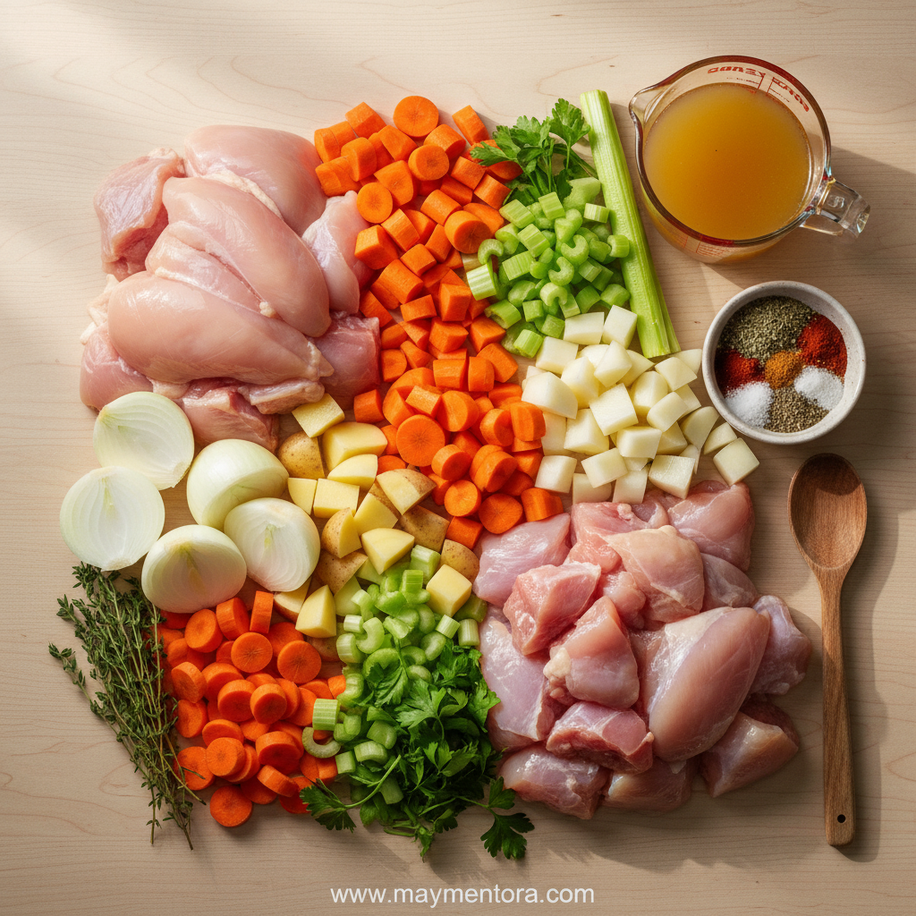Ingredients for slow cooker chicken stew including chicken, carrots, potatoes, and herbs