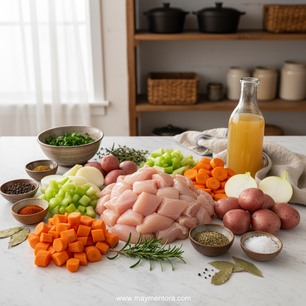Ingredients for slow cooker chicken stew including chicken, carrots, potatoes, and herbs