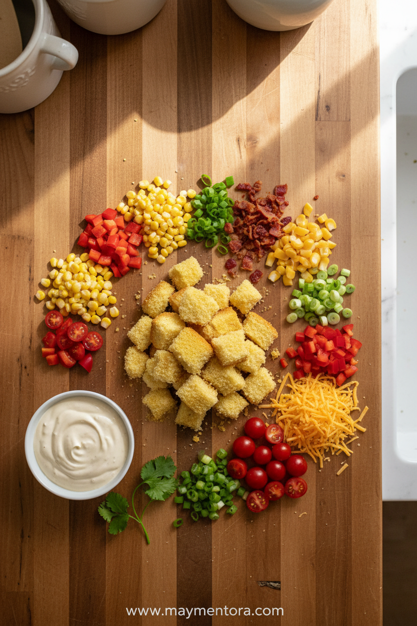 Ingredients for Southern cornbread salad including cornbread, vegetables, and dressing