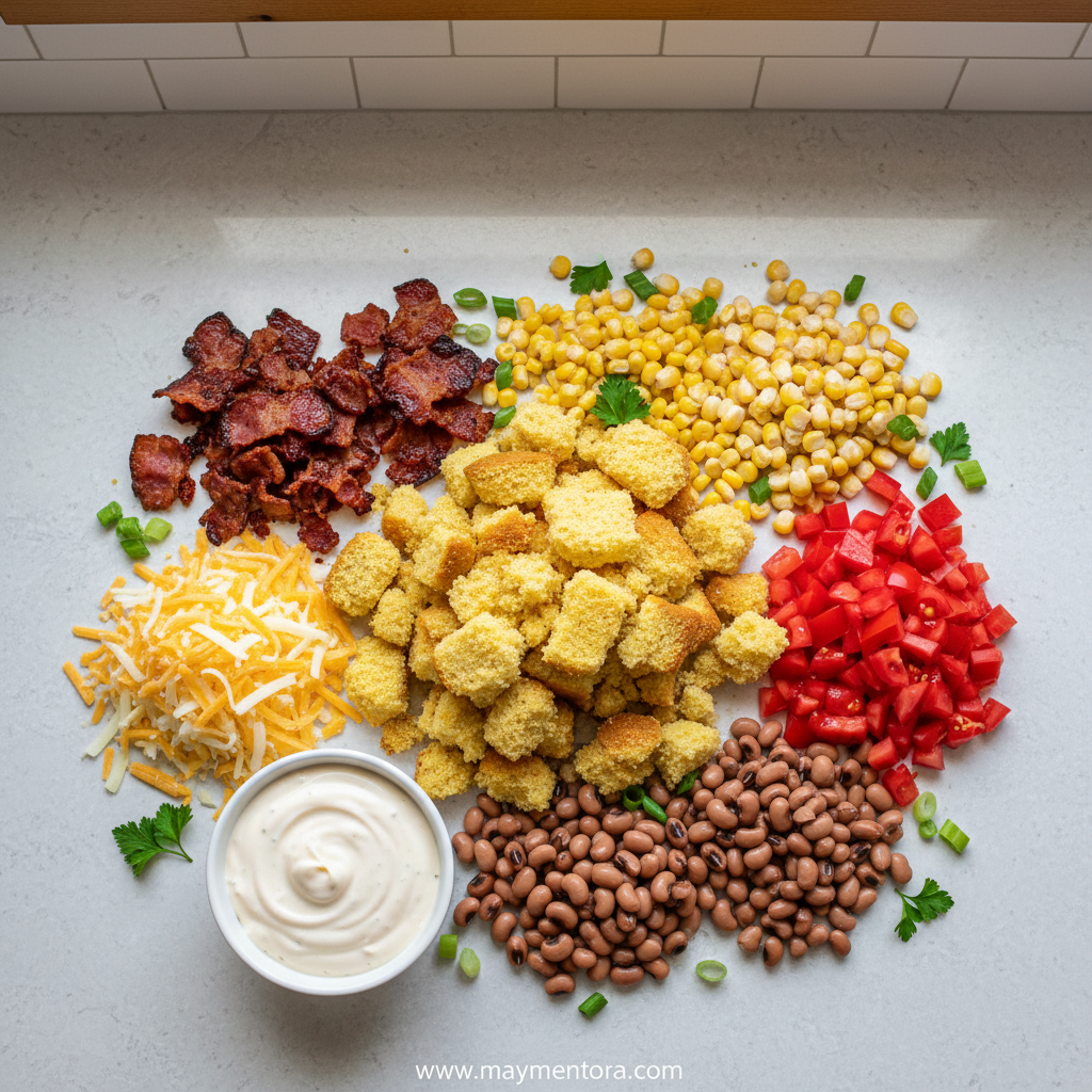 Fresh ingredients for Southern cornbread salad including cornbread, vegetables, and dressing