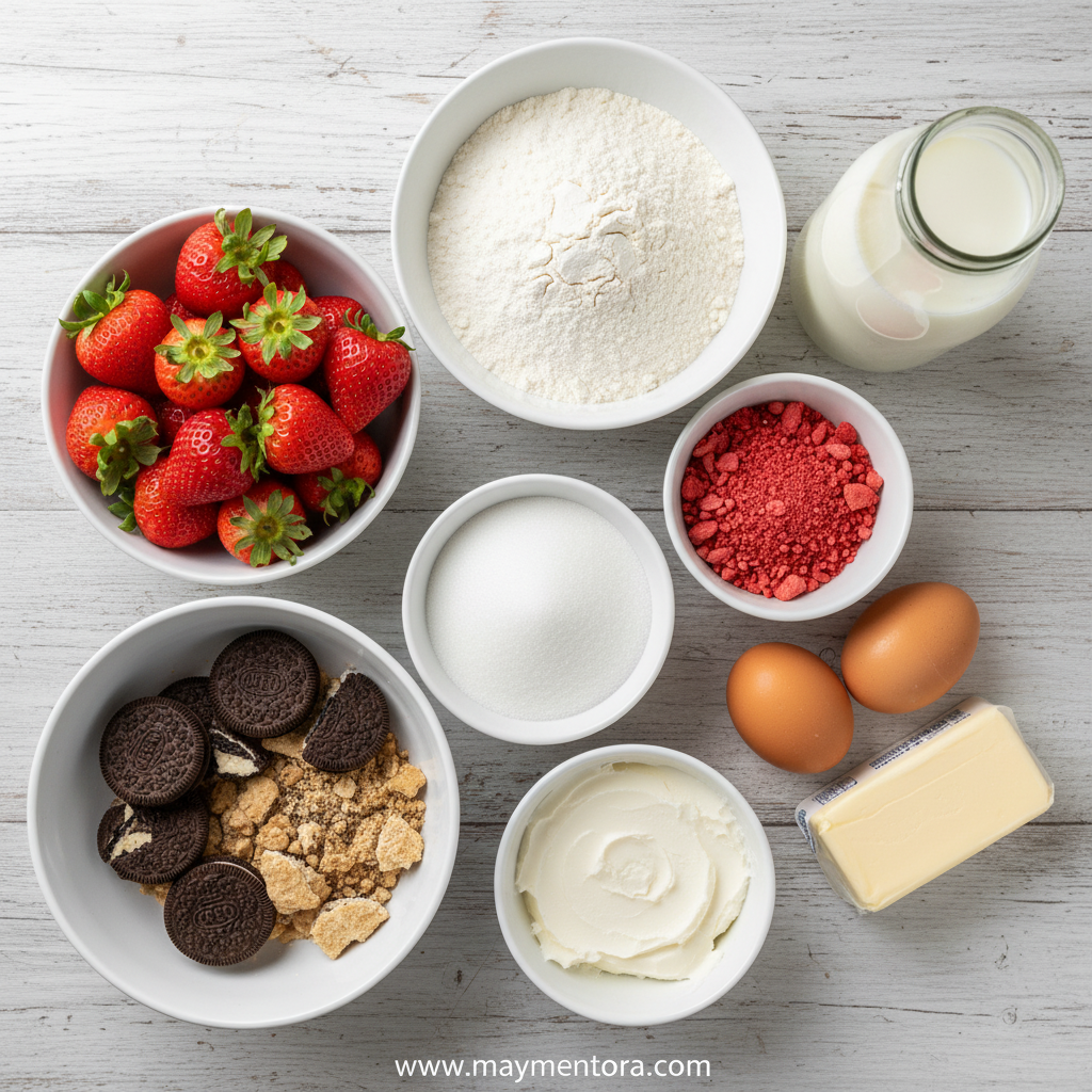 Ingredients for strawberry crunch cake laid out beautifully