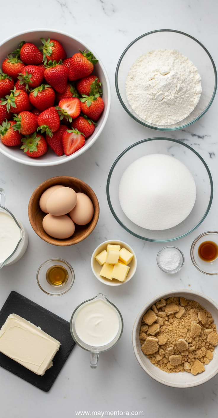 All ingredients needed for strawberry crunch cake laid out