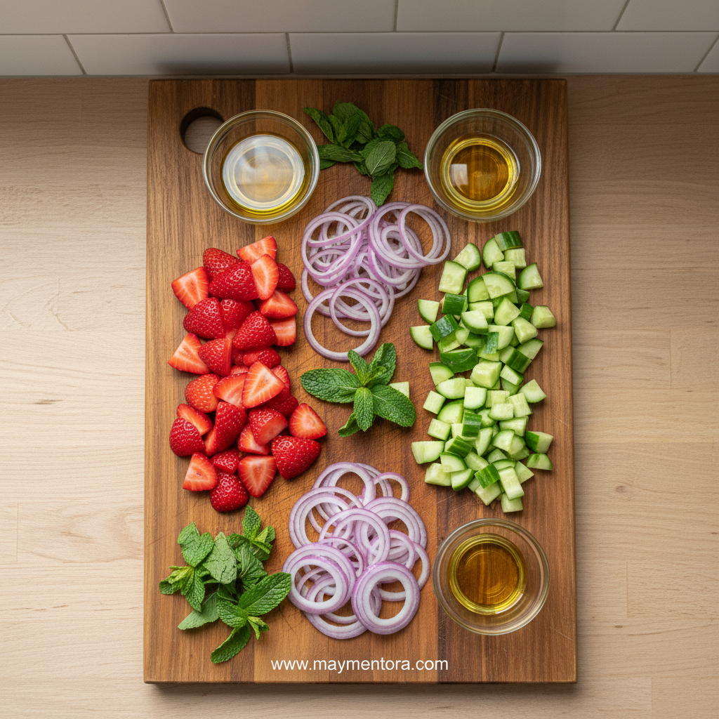 Fresh ingredients for strawberry cucumber salad