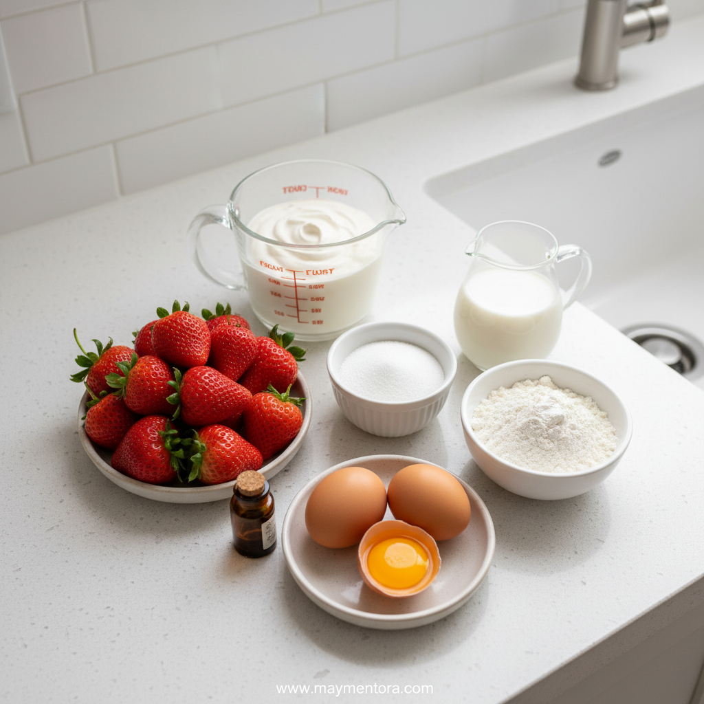 Ingredients for Japanese strawberry shortcake including eggs, flour, sugar, cream and strawberries