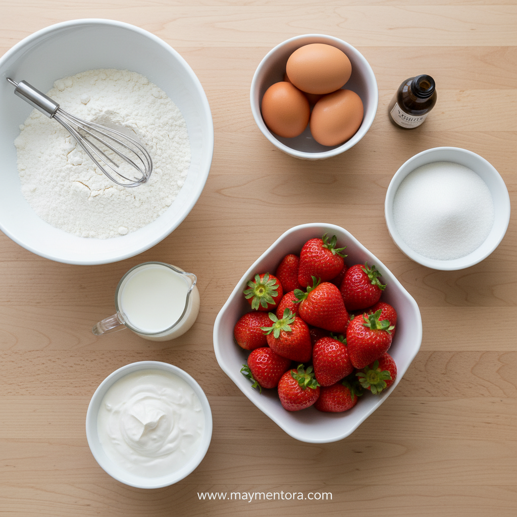 Ingredients for Japanese strawberry shortcake including eggs, flour, sugar, and fresh strawberries