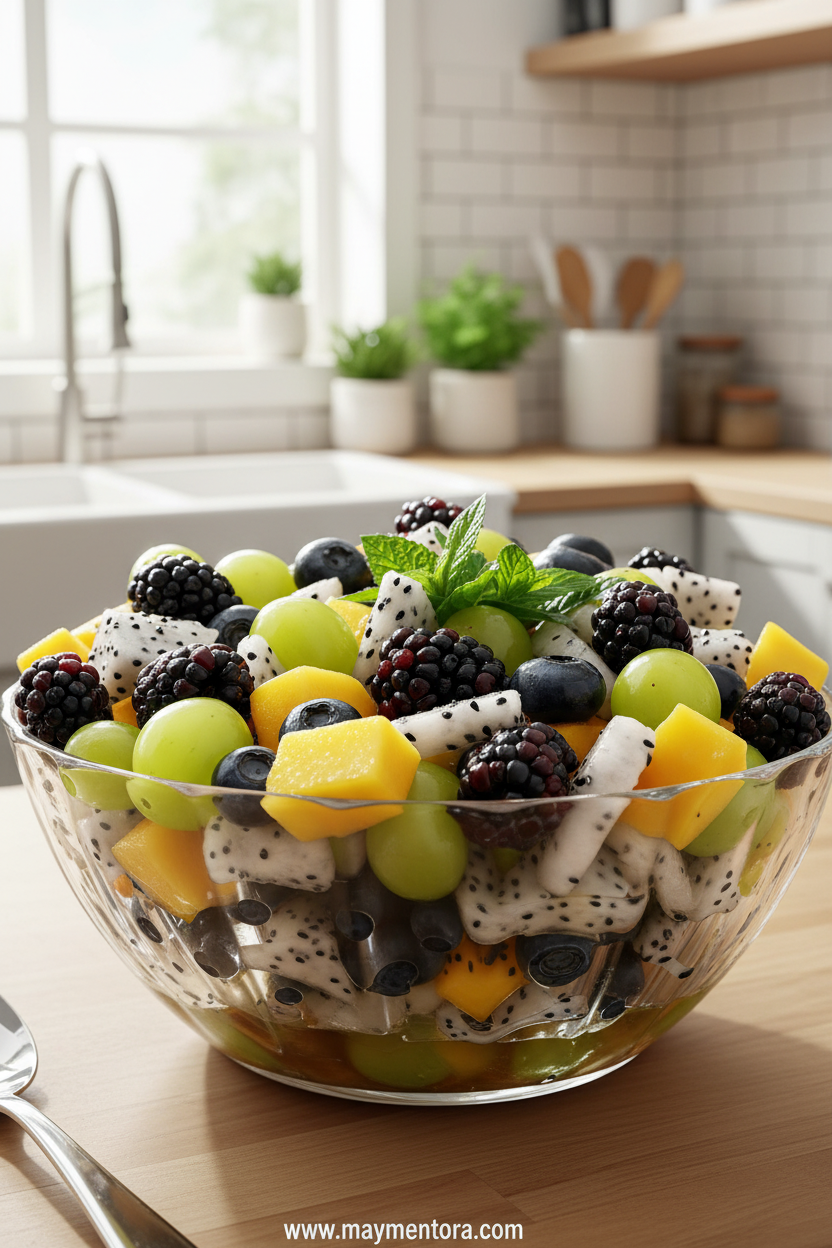 Colorful summer fruit salad with dragon fruit, mango, berries and maple syrup dressing