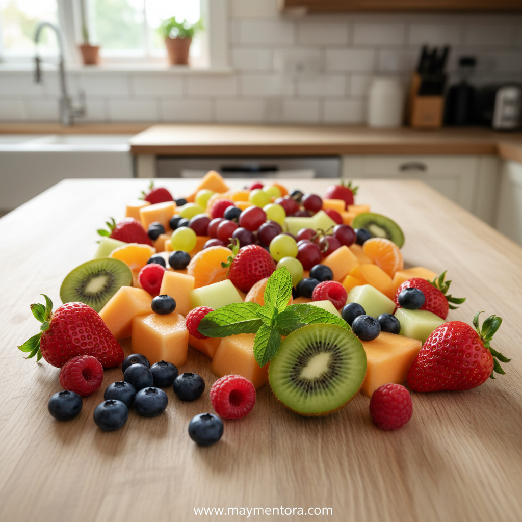 Fresh ingredients for summer fruit salad including dragon fruit, mango, berries, and citrus