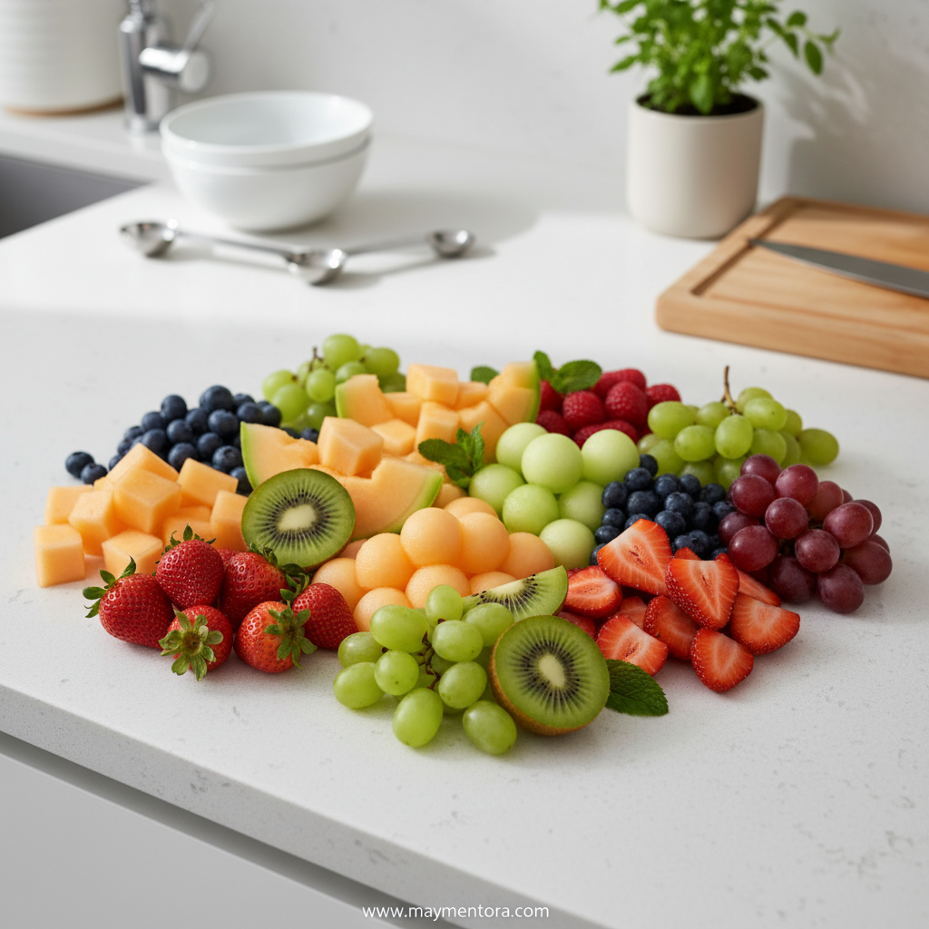 Fresh ingredients for summer fruit salad including dragon fruit, mango, strawberries and maple syrup