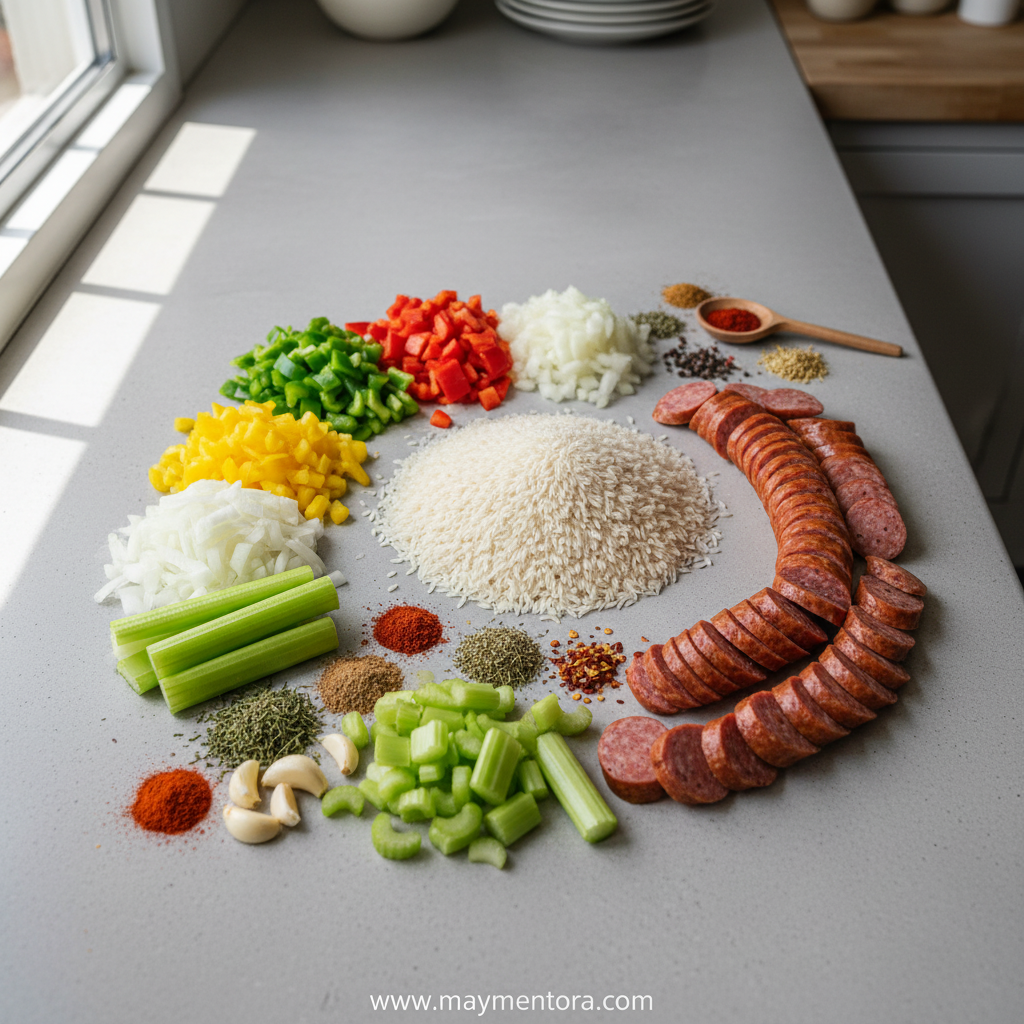 Ingredients for creamy chicken pasta including chicken, pasta, cream, and herbs