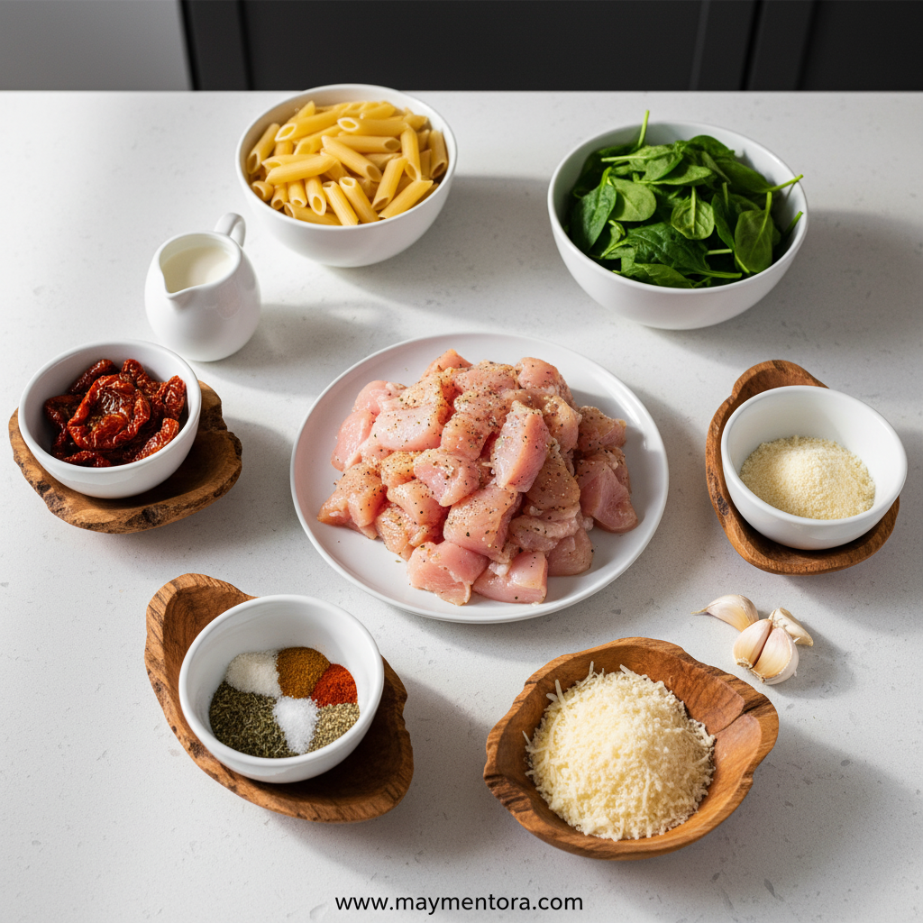 Ingredients for Marry Me Chicken Pasta arranged beautifully