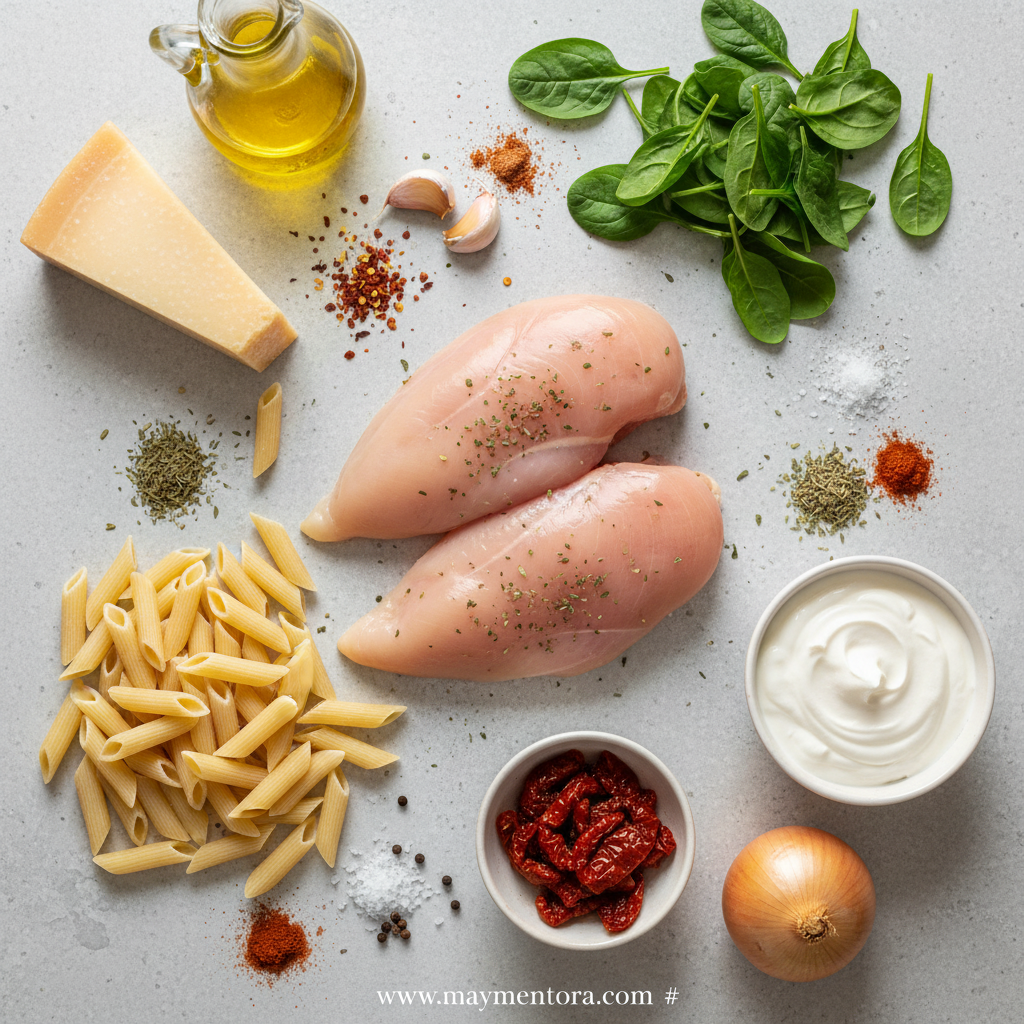 Ingredients for Marry Me Chicken Pasta including chicken, pasta, and seasonings