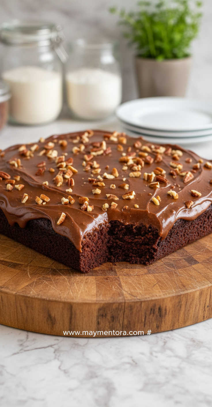 Delicious Texas chocolate sheet cake with fudgy chocolate frosting