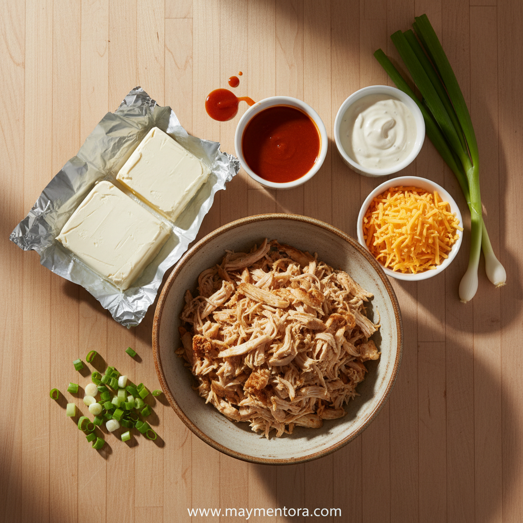 Ingredients for buffalo chicken dip arranged on counter
