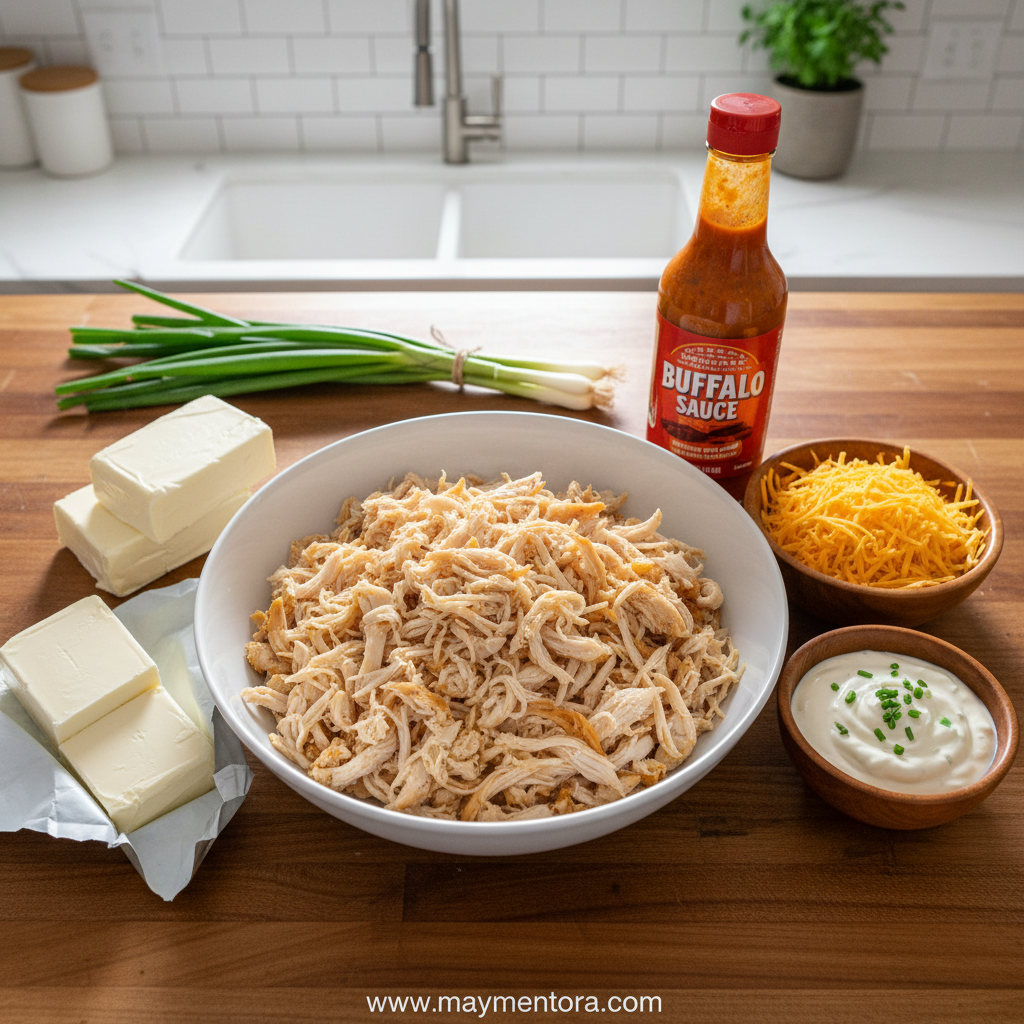 Ingredients for Buffalo Chicken Dip laid out on countertop