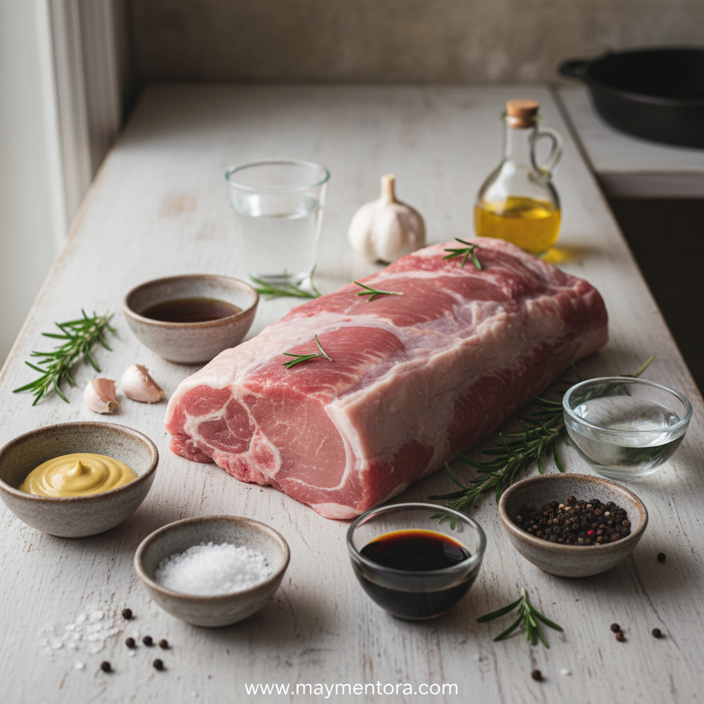 Ingredients for maple mustard pork glaze including maple syrup, mustard, and seasonings