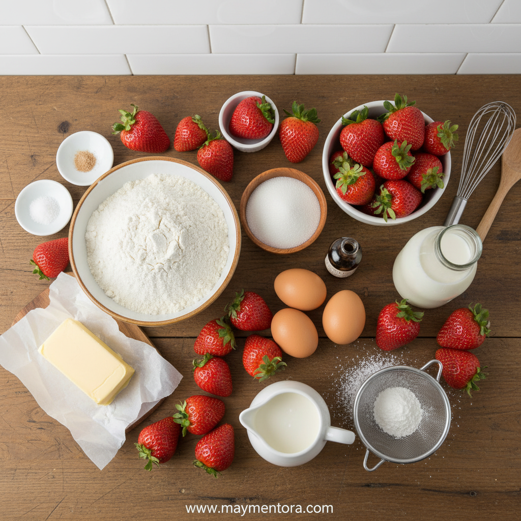 Ingredients for strawberry shortcake cake including strawberries, flour, sugar, and cream