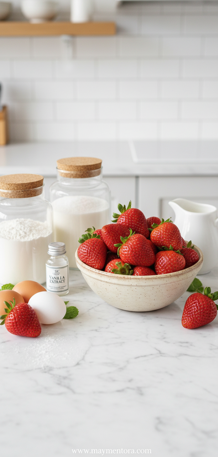 Ingredients for strawberry shortcake cake including flour, sugar, eggs, butter, strawberries, and cream