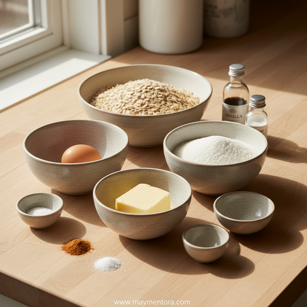 Ingredients for oatmeal cookies laid out on counter
