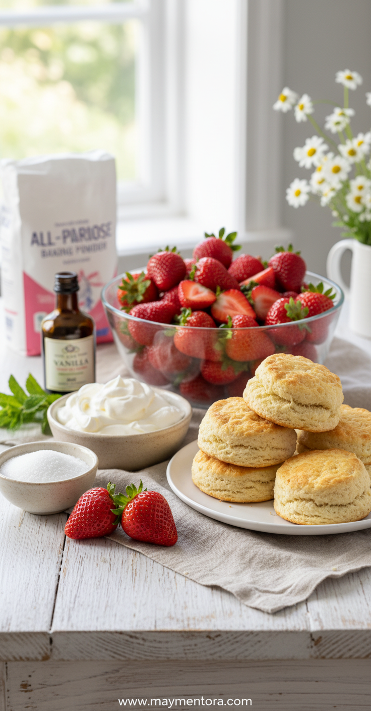 Ingredients for strawberry shortcake including flour, sugar, eggs, butter, and fresh strawberries