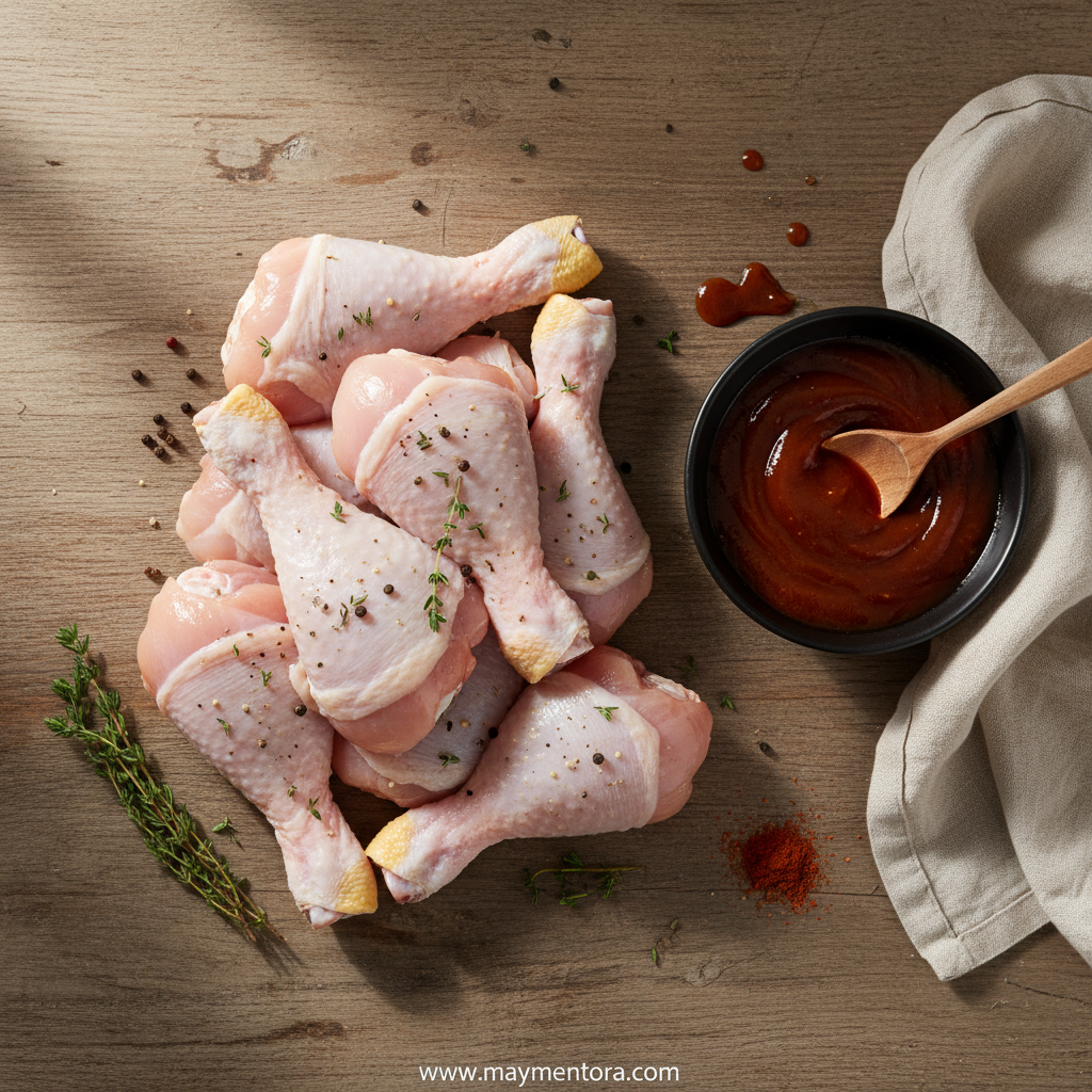 Simple ingredients for two ingredient BBQ chicken: chicken legs and BBQ sauce