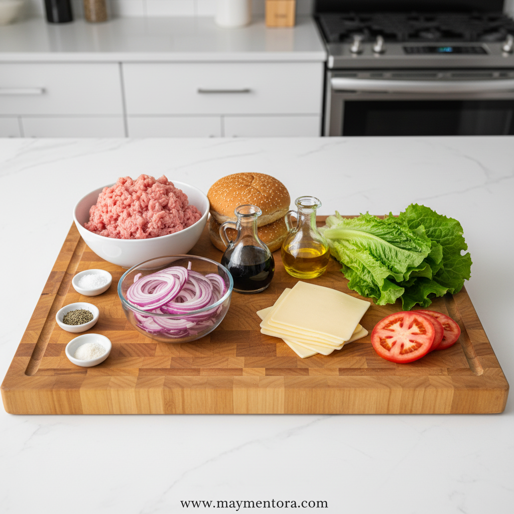 Ingredients for balsamic caramelized turkey burgers including ground turkey, onions, balsamic vinegar and spices