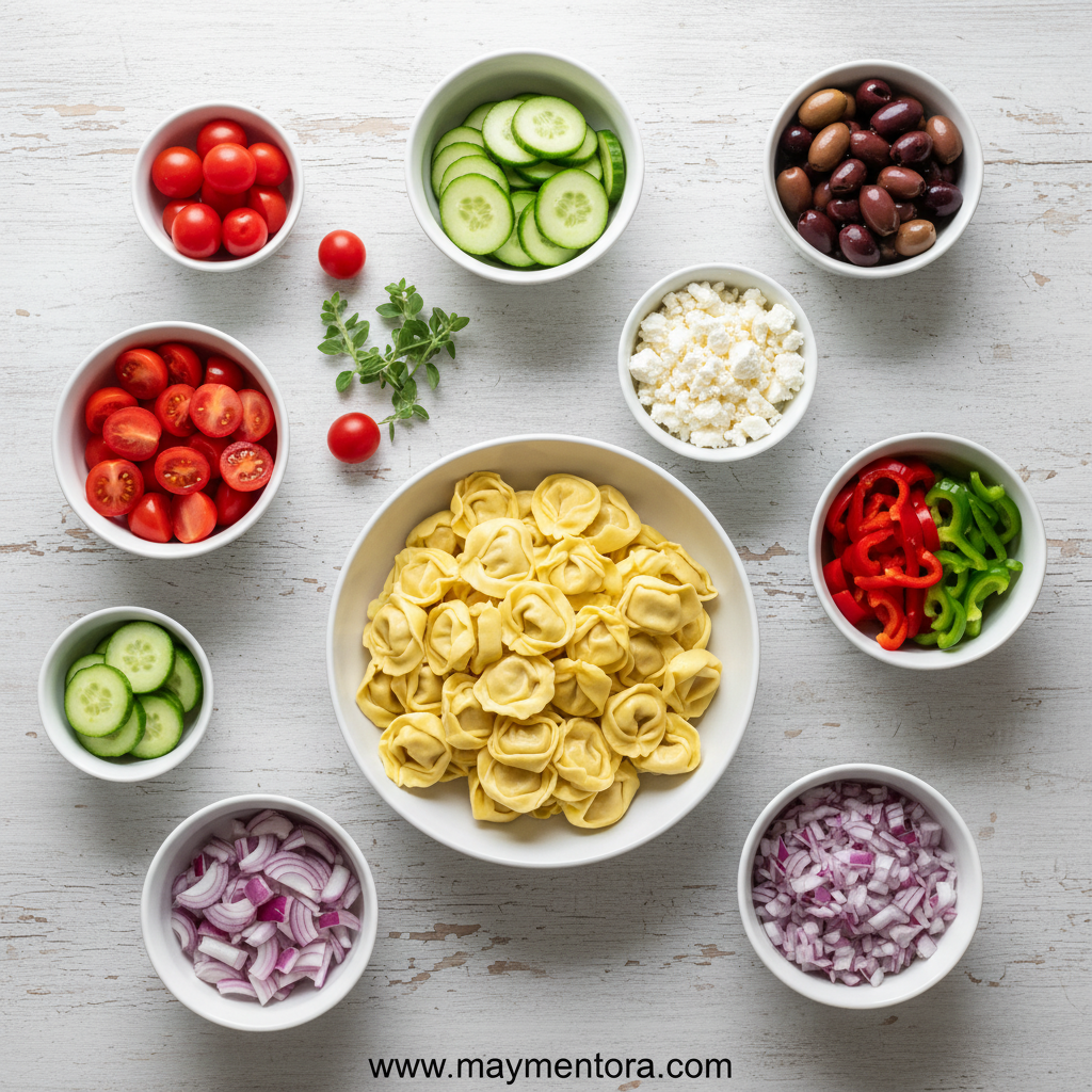 Ingredients for Greek tortellini salad including tortellini, feta, cucumbers, tomatoes and herbs
