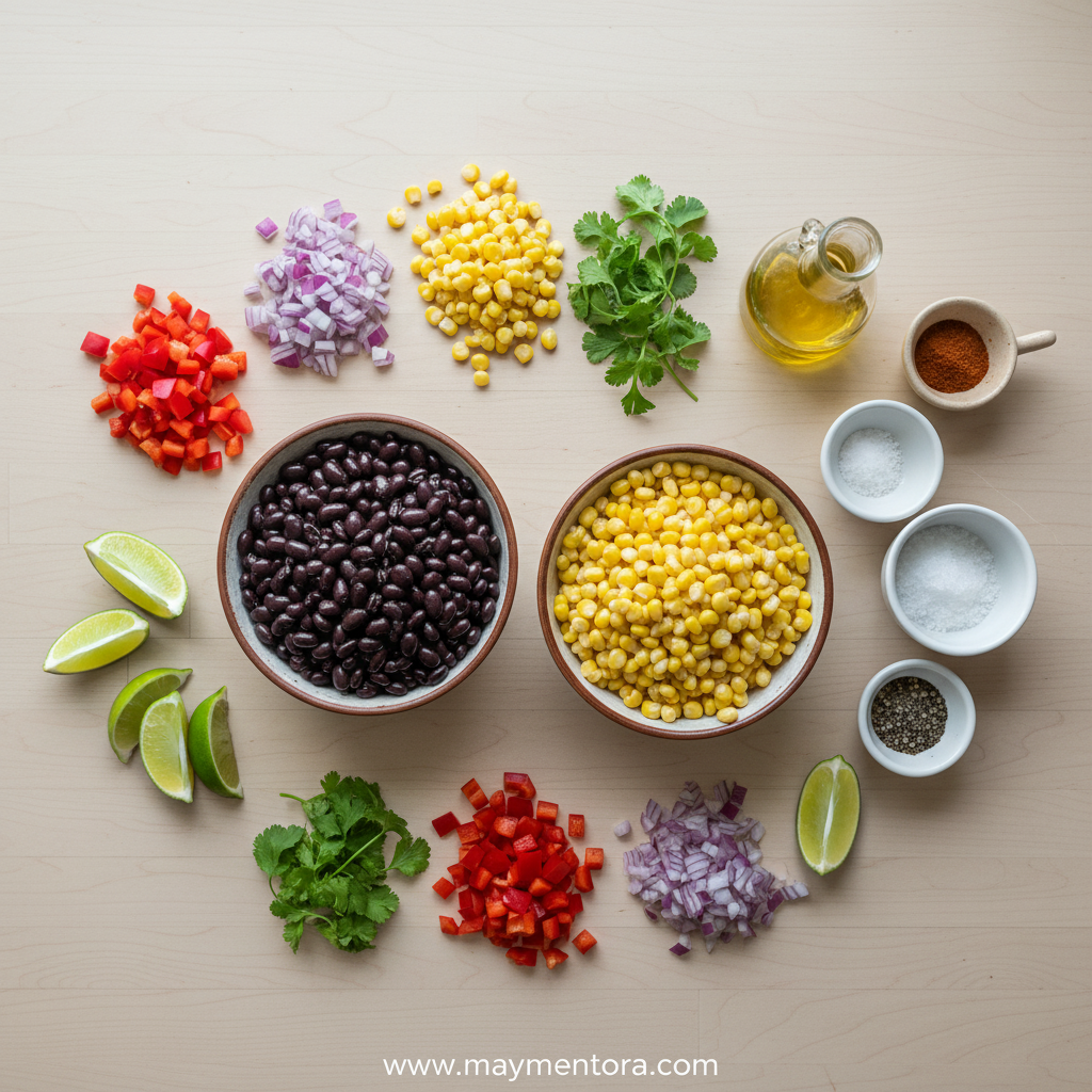 Fresh ingredients for black bean corn salad including corn, black beans, bell peppers, and lime