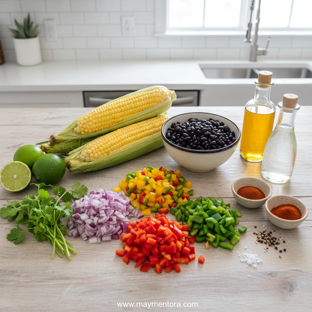 Fresh ingredients for corn black bean salad including corn, black beans, bell peppers, and cilantro