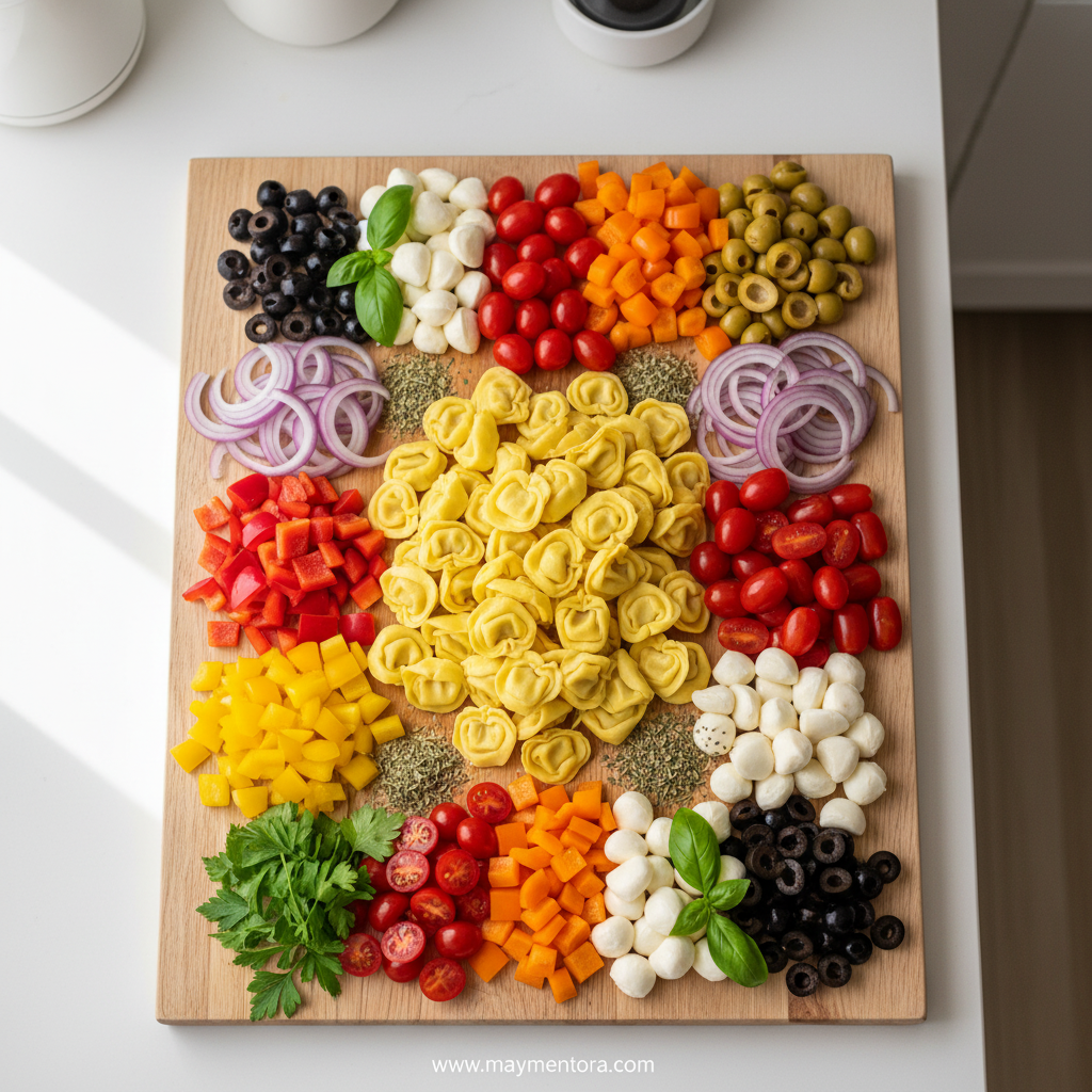Ingredients for creamy tortellini pasta salad