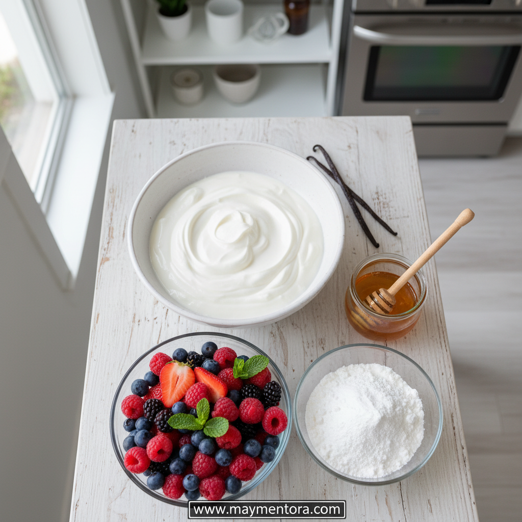Ingredients for making frozen Greek yogurt including yogurt, honey, and fresh berries