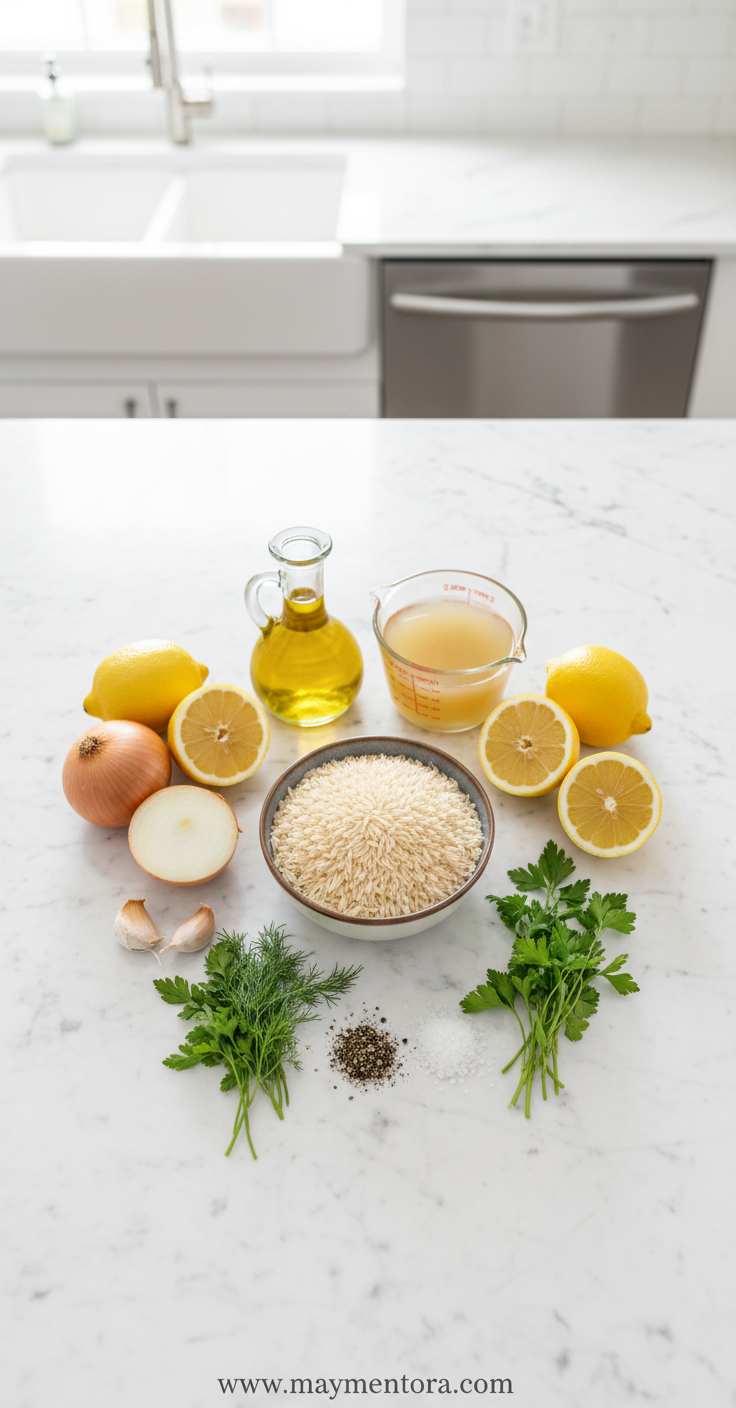 Ingredients for Greek lemon rice including rice, lemons, herbs and spices
